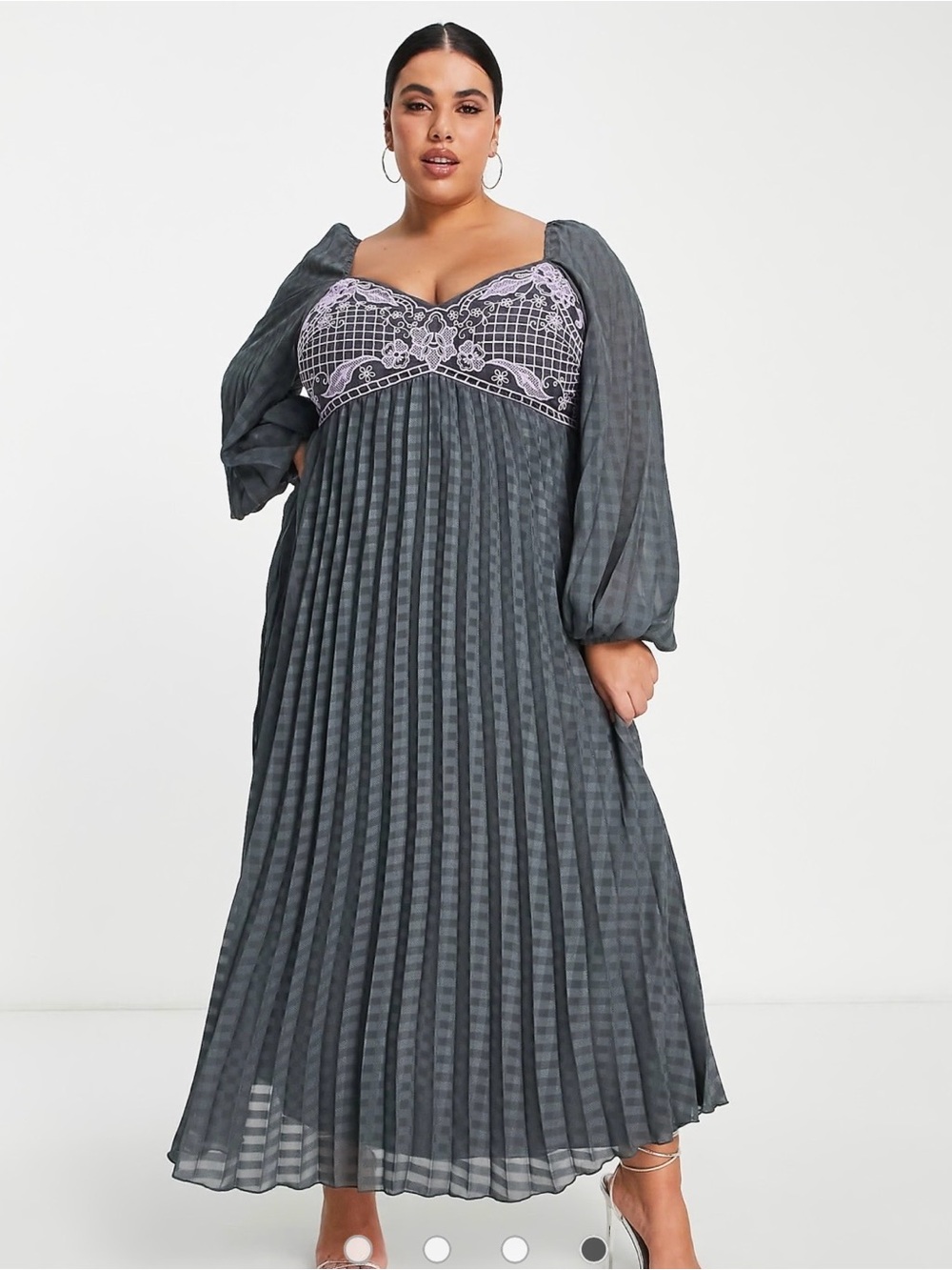 ASOS DESIGN Grey Check Pleated Maxi Dress with Purple Embroidery - Size US 4